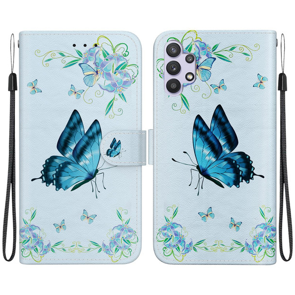 For Samsung Galaxy A32 4G Crystal Texture Colored Drawing Leatherette Phone Case(Blue Pansies)