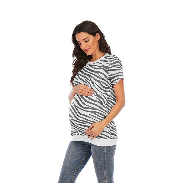 Maternity Printed Round Neck T-Shirt Short Sleeve Top (Color:Gray Size:L)