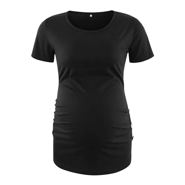 Maternity Short-sleeved T-shirt Side Buttons Pleated Top (Color:Black Size:S)