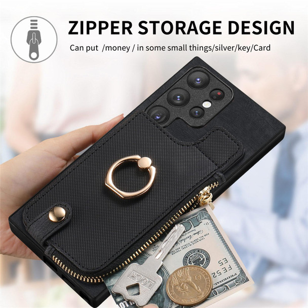 For Samsung Galaxy S22 Ultra 5G Cross Leatherette Ring Vertical Zipper Wallet Back Phone Case(Black)