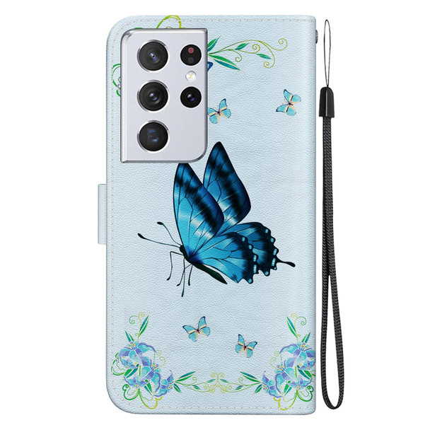 For Samsung Galaxy S21 Ultra 5G Crystal Texture Colored Drawing Leatherette Phone Case(Blue Pansies)