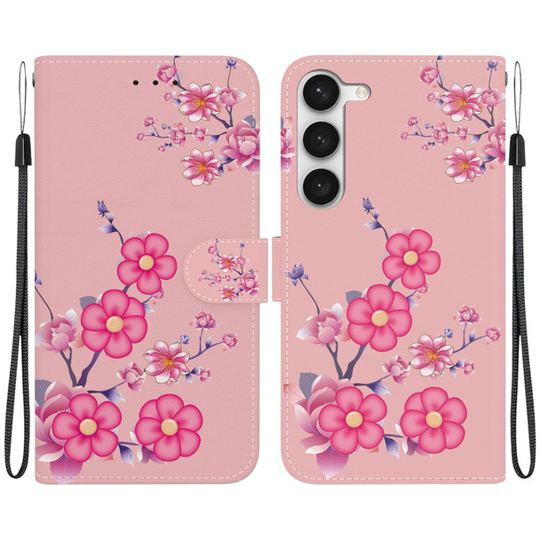 For Samsung Galaxy S23 5G Crystal Texture Colored Drawing Leatherette Phone Case(Cherry Blossoms)