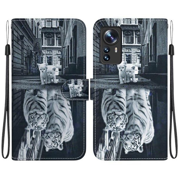 For Xiaomi 12 / 12X Crystal Texture Colored Drawing Leather Phone Case(Cat Tiger Reflection)