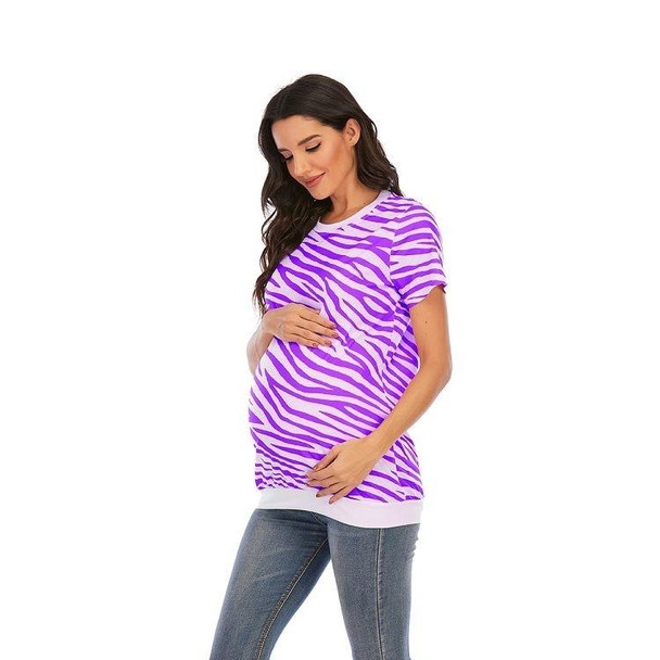 Maternity Printed Round Neck T-Shirt Short Sleeve Top (Color:Purple Size:XXL)