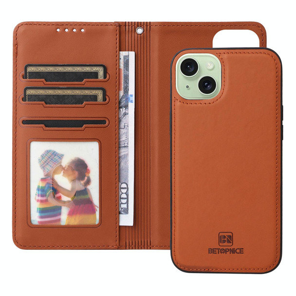 For iPhone 15 Plus BETOPNICE BN-005 2 in 1 Detachable Imitate Genuine Leatherette Phone Case(Brown)