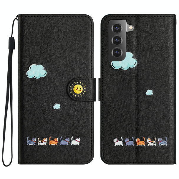 For Samsung Galaxy S21 5G Cartoon Cats Leatherette Phone Case(Black)