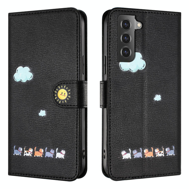 For Samsung Galaxy S21 5G Cartoon Cats Leatherette Phone Case(Black)