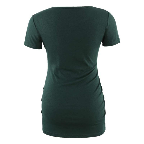 Maternity Short-sleeved T-shirt Side Buttons Pleated Top (Color:Dark Green Size:S)