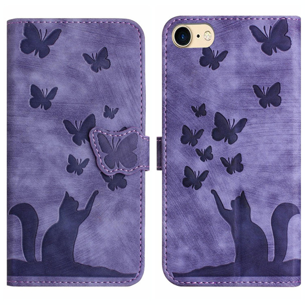 For iPhone SE 2022 / 2020 / 8 / 7 Butterfly Cat Embossing Flip Leatherette Phone Case(Purple)