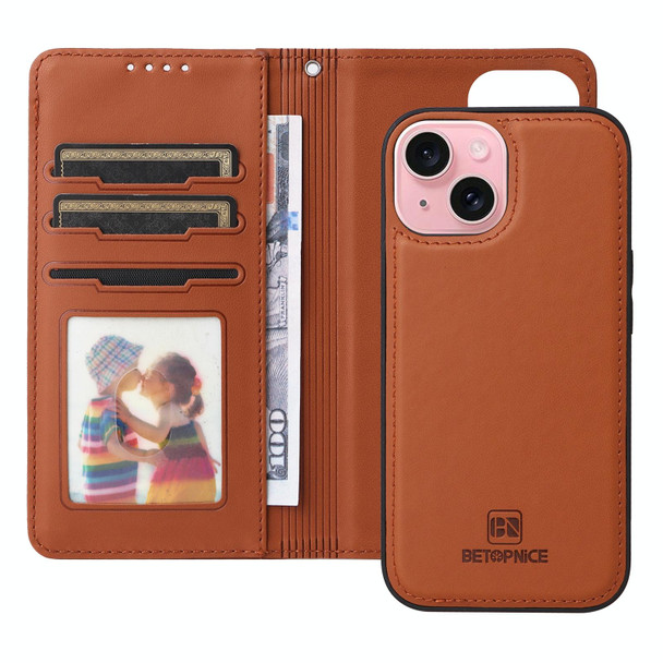 For iPhone 15 BETOPNICE BN-005 2 in 1 Detachable Imitate Genuine Leatherette Phone Case(Brown)