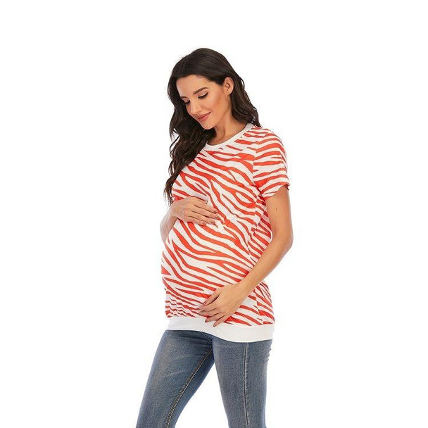 Maternity Printed Round Neck T-Shirt Short Sleeve Top (Color:Red Size:XXL)