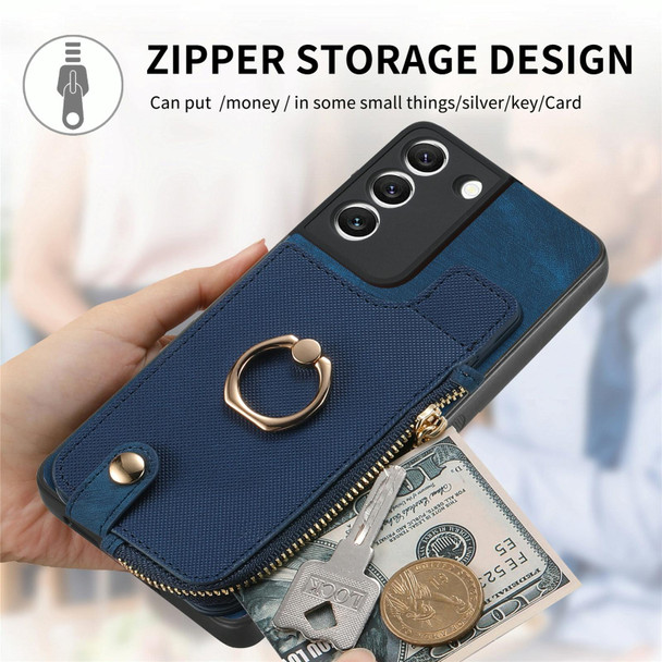 For Samsung Galaxy S22+ 5G Cross Leatherette Ring Vertical Zipper Wallet Back Phone Case(Blue)