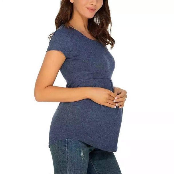 Ruffle Shirt Pleated Maternity Blouse With Short Sleeves (Color:Navy Blue Size:S)