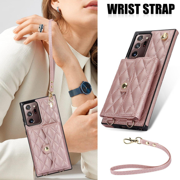 For Samsung Galaxy Note20 Ultra Crossbody Rhombic Horizontal Wallet Leatherette Phone Case(Rose Gold)