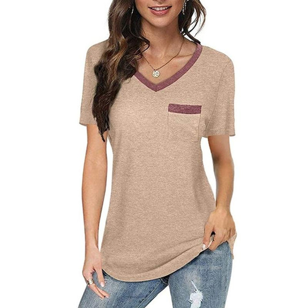 Summer Color Matching V-neck Pocket Loose Casual Cotton Short-sleeved T-shirt for Ladies (Color:Apricot Size:XXL)