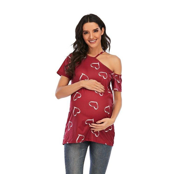 Love Printed Short-sleeved Plus Size Maternity Dress (Color:Wine Red Size:M)
