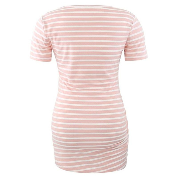 Maternity Short-sleeved T-shirt Side Buttons Pleated Top (Color:Pink Stripes Size:S)