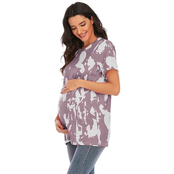 Maternity Printed Round Neck Short Sleeve T-Shirt (Color:Gray Size:XL)