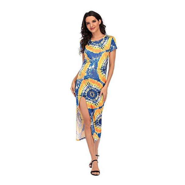 Maternity Dress With Printed Round Neck And Short Sleeves Slit (Color:Yellow Flower Size:XXL)