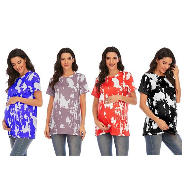 Maternity Printed Round Neck Short Sleeve T-Shirt (Color:Red Size:S)