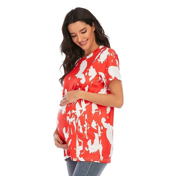 Maternity Printed Round Neck Short Sleeve T-Shirt (Color:Red Size:M)