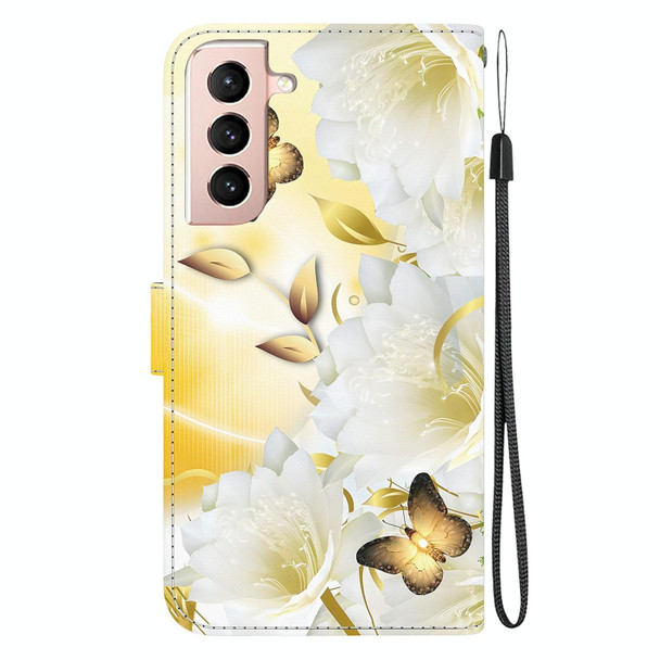 For Samsung Galaxy S22+ 5G Crystal Texture Colored Drawing Leatherette Phone Case(Gold Butterfly Epiphyllum)