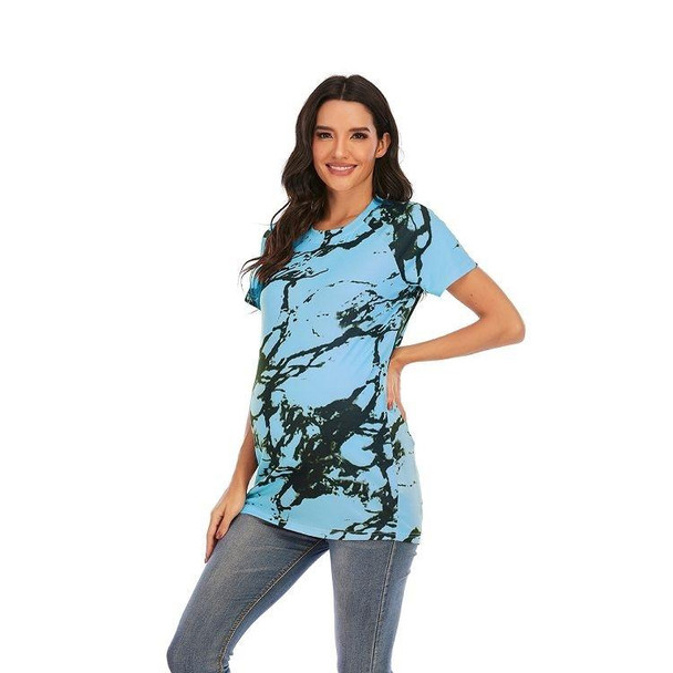 Maternity Wear With Printed Round Neck Short Sleeve T-shirt (Color:Blue Size:S)