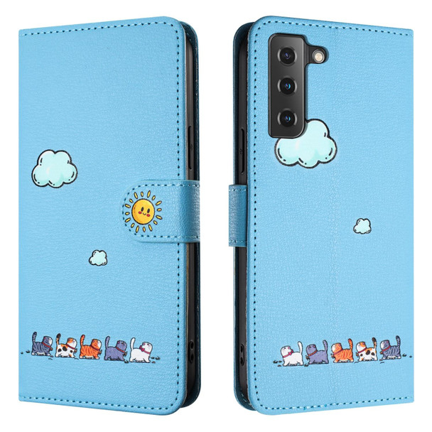 For Samsung Galaxy S22+ 5G Cartoon Cats Leatherette Phone Case(Blue)