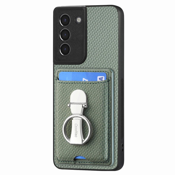 For Samsung Galaxy S21 5G Carbon Fiber Card Wallet Folding Ring Holder Phone Case(Green)