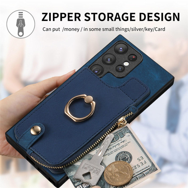 For Samsung Galaxy S22 Ultra 5G Cross Leatherette Ring Vertical Zipper Wallet Back Phone Case(Blue)