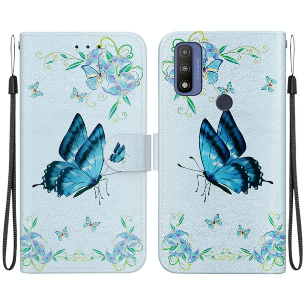 For Motorola Moto G Pure Crystal Texture Colored Drawing Leatherette Phone Case(Blue Pansies)