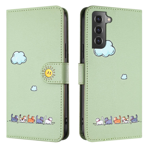 For Samsung Galaxy S21 5G Cartoon Cats Leatherette Phone Case(Green)