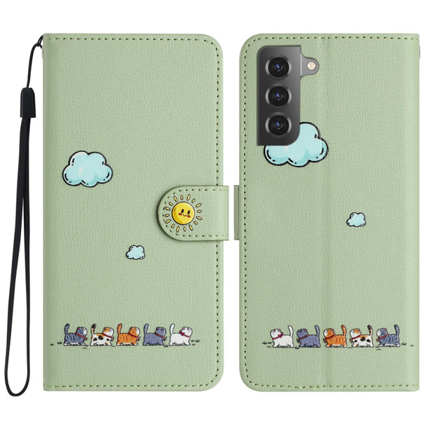 For Samsung Galaxy S21 5G Cartoon Cats Leatherette Phone Case(Green)