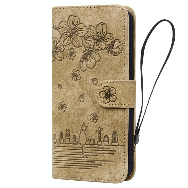 For iPhone 15 Cartoon Sakura Cat Embossed Leatherette Phone Case(Brown)