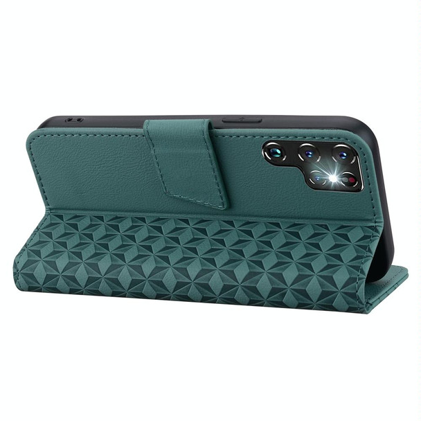 For Samsung Galaxy S22 Ultra 5G Business Diamond Buckle Leatherette Phone Case with Lanyard(Green)