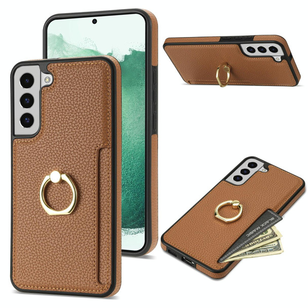 For Samsung Galaxy S22+ 5G Ring Card  Litchi Leatherette Back Phone Case(Brown)