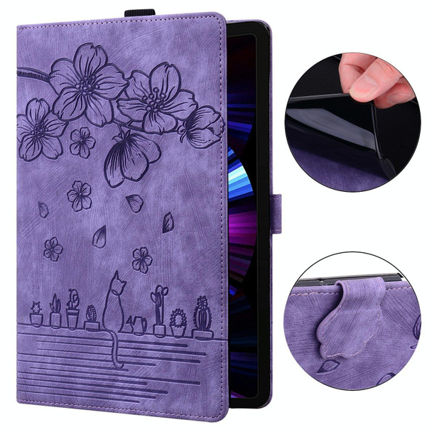 For iPad Pro 11 2022 / Air 10.9 2022 Cartoon Sakura Cat Embossed Smart Leatherette Tablet Case(Purple)