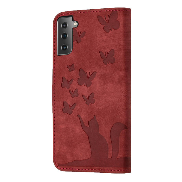 For Samsung Galaxy S21 5G Butterfly Cat Embossing Flip Leatherette Phone Case(Red)