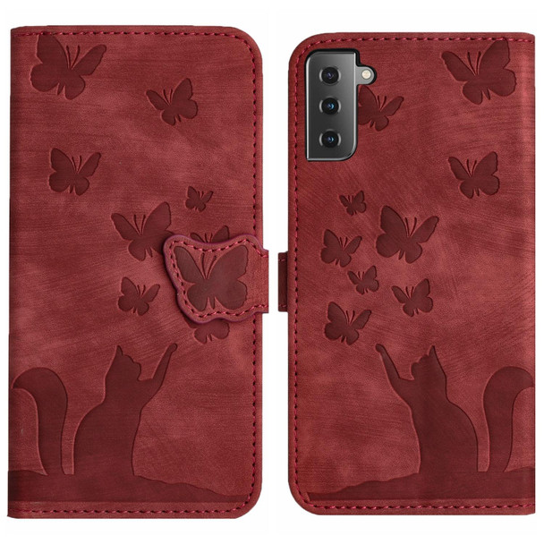 For Samsung Galaxy S21 5G Butterfly Cat Embossing Flip Leatherette Phone Case(Red)