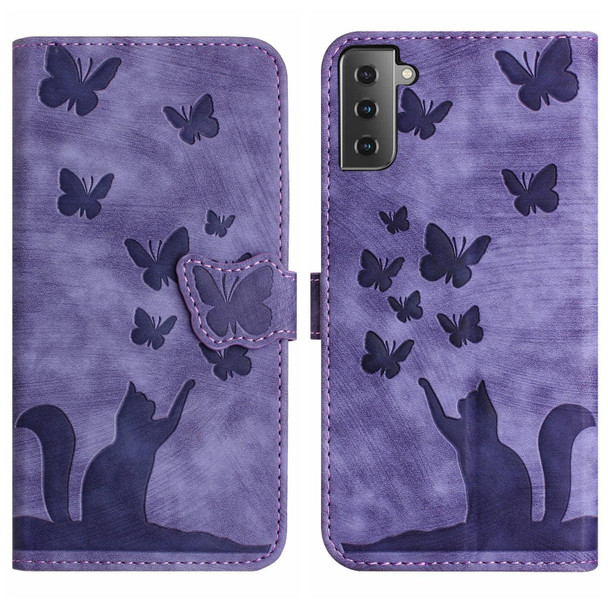 For Samsung Galaxy S21 5G Butterfly Cat Embossing Flip Leatherette Phone Case(Purple)
