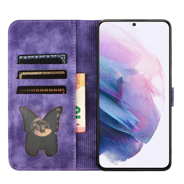 For Samsung Galaxy S21 5G Butterfly Cat Embossing Flip Leatherette Phone Case(Purple)