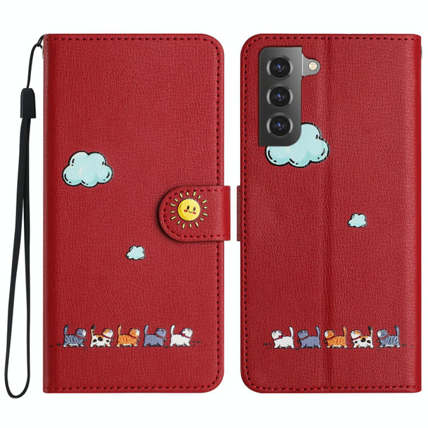 For Samsung Galaxy S21 5G Cartoon Cats Leatherette Phone Case(Red)
