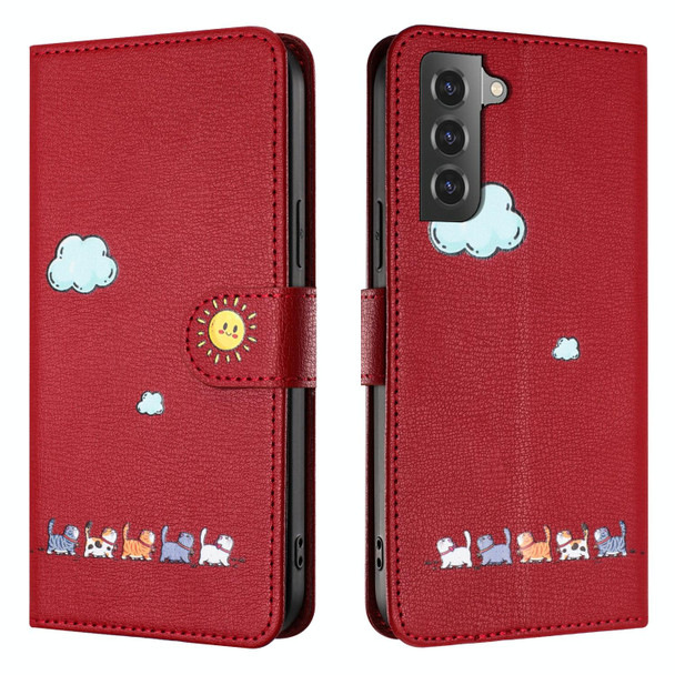 For Samsung Galaxy S21 5G Cartoon Cats Leatherette Phone Case(Red)