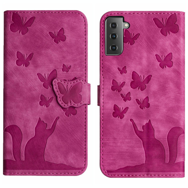 For Samsung Galaxy S21 5G Butterfly Cat Embossing Flip Leatherette Phone Case(Pink)