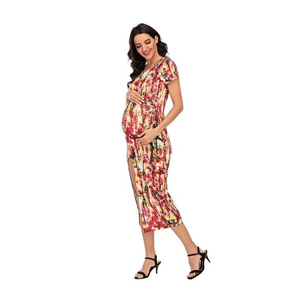 Maternity Dress With Printed Round Neck And Short Sleeves Slit (Color:Red Flower Size:XL)