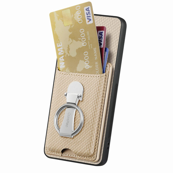 For Samsung Galaxy S22+ 5G Carbon Fiber Card Wallet Folding Ring Holder Phone Case(Khaki)