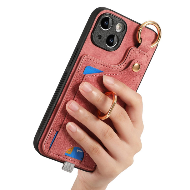 For iPhone 14 Pro Retro Skin-feel Ring Card Bag Phone Case with Hang Loop(Pink)
