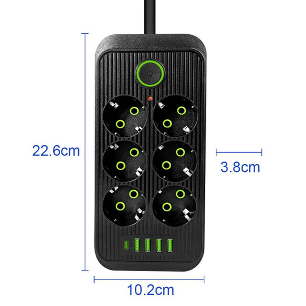 F06 2m 2500W 6 Plugs + PD + 4-USB Ports Multifunctional Socket With Switch, EU Plug(Black)