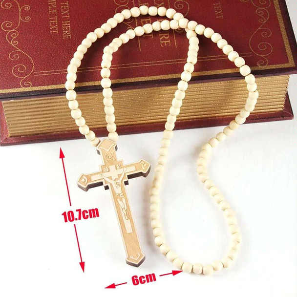 Cross Laser Engraved Wooden Bead Necklace, Color: Black