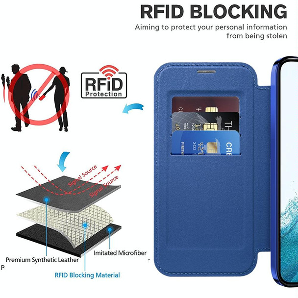 For Samsung Galaxy S22 5G Shield Magsafe RFID Anti-theft Rhombus Leatherette Phone Case(Dark Blue)